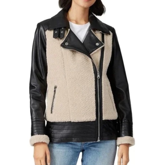 Slate & Willow Jacket Faux Sherpa Aviator Beige Black S - Picture 1 of 11